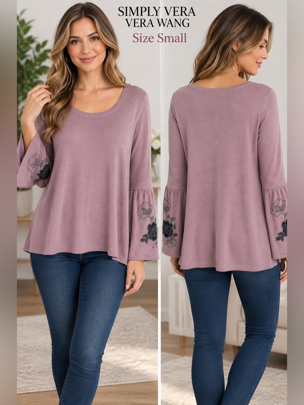 Simply Vera Vera Wang Small Rare Berry Floral Bell Sleeve Top with fabric flaw